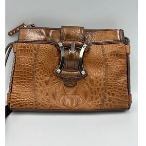 MC Brown Crocodile Embossed Crossbody Organizer Bag Bronze Metallic Trim
